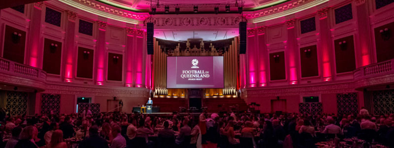 Brisbane City Hall at the 2021 Football in Queensland Awards. Image: Football Queensland