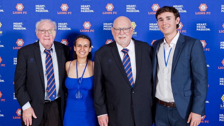WINNERS: 2022 Mollee Medal Winners, Tara O’Keeffe and Andy Pengelly with Henk and Ben Mollee (Image: Lions FC)